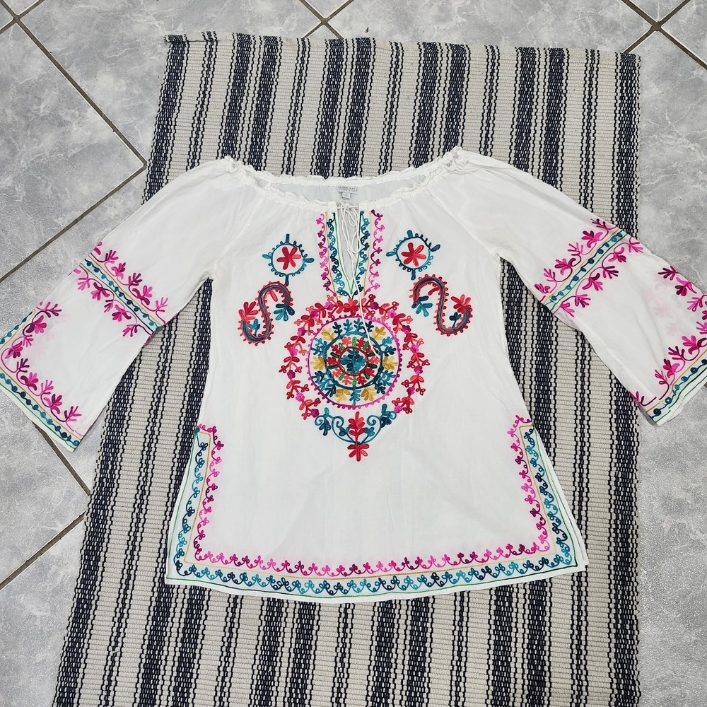 Debbie Katz South Beach Tunic Cover Up‎ M White Embroidered Boho Beach Top